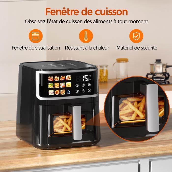 Freidora de aire sin aceite de 8,5 L, 1700 W con ventana transparente, pantalla táctil LED, 12 programas preestablecidos, 80-200 °C.