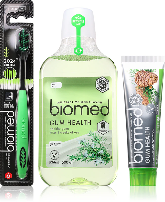 Kit de cuidados dentais Biomed Gum Health Set para gengivas sensíveis.
