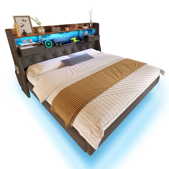 Cama doble de 180x200 cm con iluminación LED y puertos USB, estructura de cama para adultos con cabecero de lino, cama doble moderna, gris.