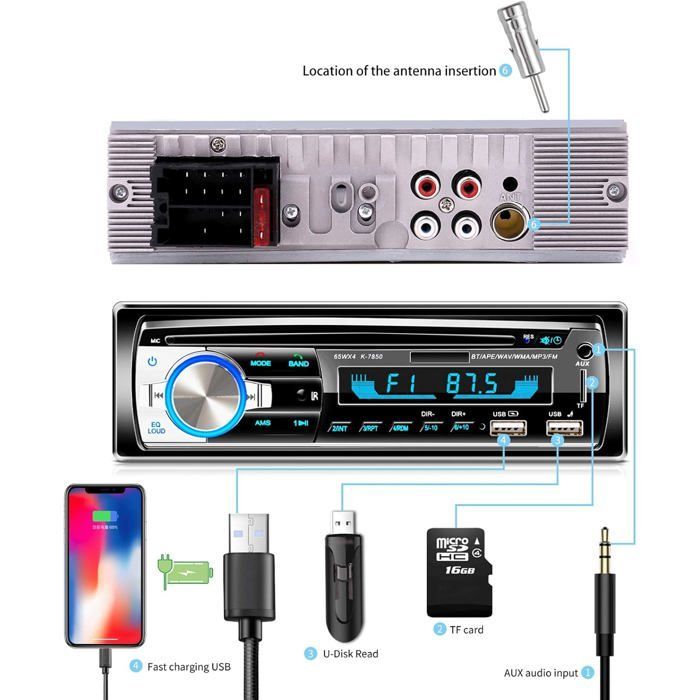 Autoradio Bluetooth USB, ricevitore autoradio con MP3, WMA, FM, telecomando, due porte USB, supporta (nessun lettore CD/nessun DRS)