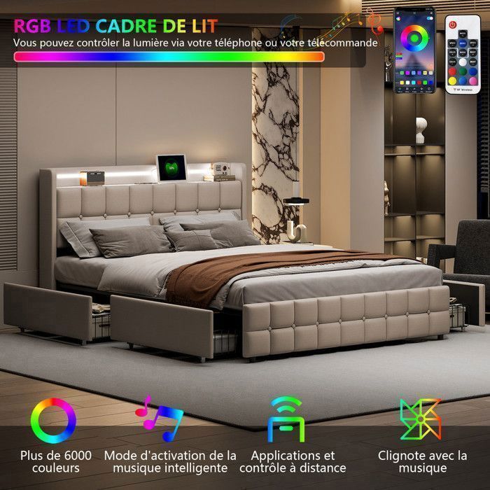 Lit coffre 180x200 - MSUIINT - beige en lin - LED, USB & prises, 4 tiroirs de rangement, structure métallique à lattes