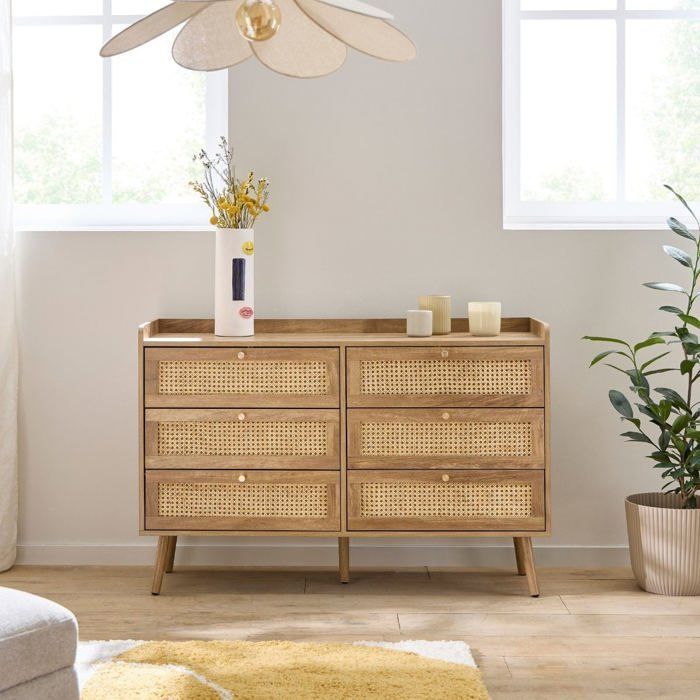 CALICOSY - Commode 6 tiroirs avec façades en rotin naturel L120 cm PALMO - Bois clair