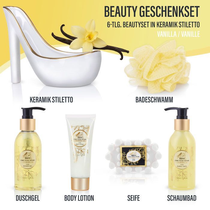 BRUBAKER Cosmetics - Bad- en beautyset - Vanille - 6-delig - Decoratieve pomp - Wit/Goud - Cadeau-idee voor vrouwen