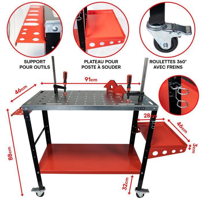 Mesa de soldadura rodante - Superficie perforada de 91x46 cm - 2 abrazaderas, 2 imanes - Capacidad de carga de la mesa de soldadura: 300 kg