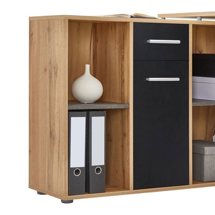 Escritorio esquinero CARMEN con unidad de almacenamiento integrada, 4 estantes, 1 puerta y 1 cajón, acabado en roble salvaje/hormigón oscuro.