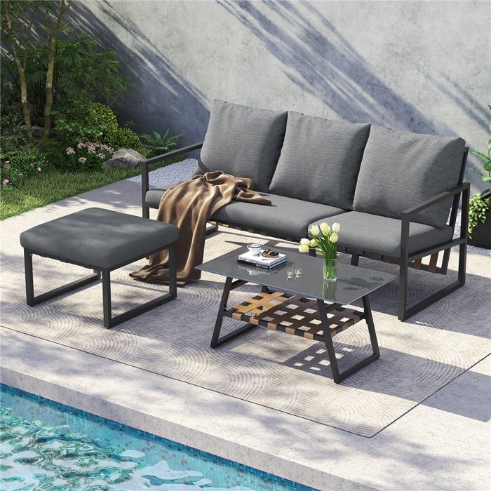 Conjunto de jardim cinza - Cadeira, mesa, conjunto de chá, apoio para os pés - Aço galvanizado, vidro - Ideal para piscinas externas, durável e confortável.
