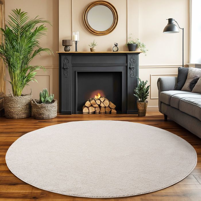 Alfombra redonda SIMPEX para sala de estar de 160 cm, color crema, estilo liso con bucles, duradera, fácil de limpiar, alfombra grande para dormitorio.