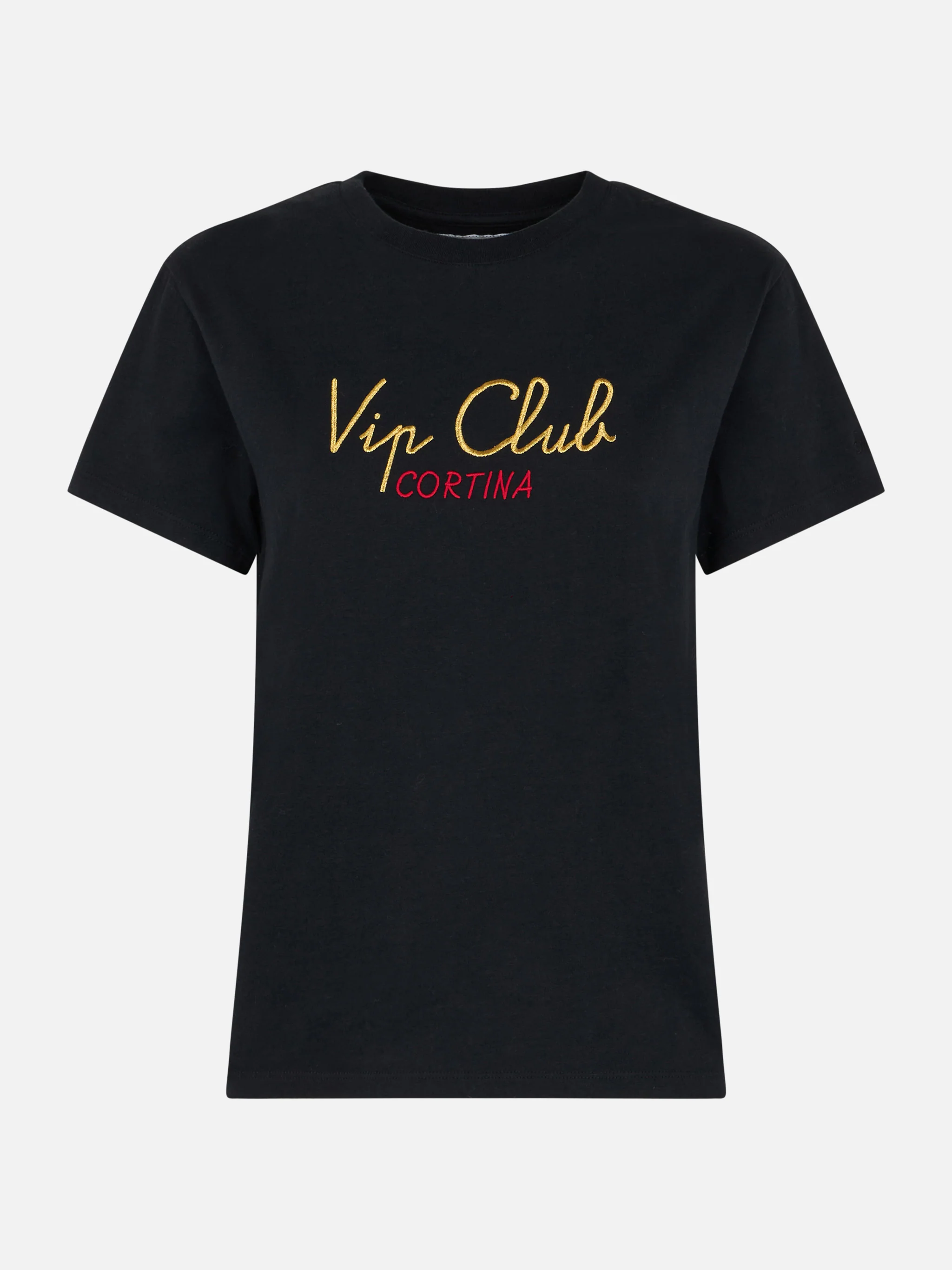T-shirt nera da donna in cotone pesante Emilie con ricamo Vip Club Cor