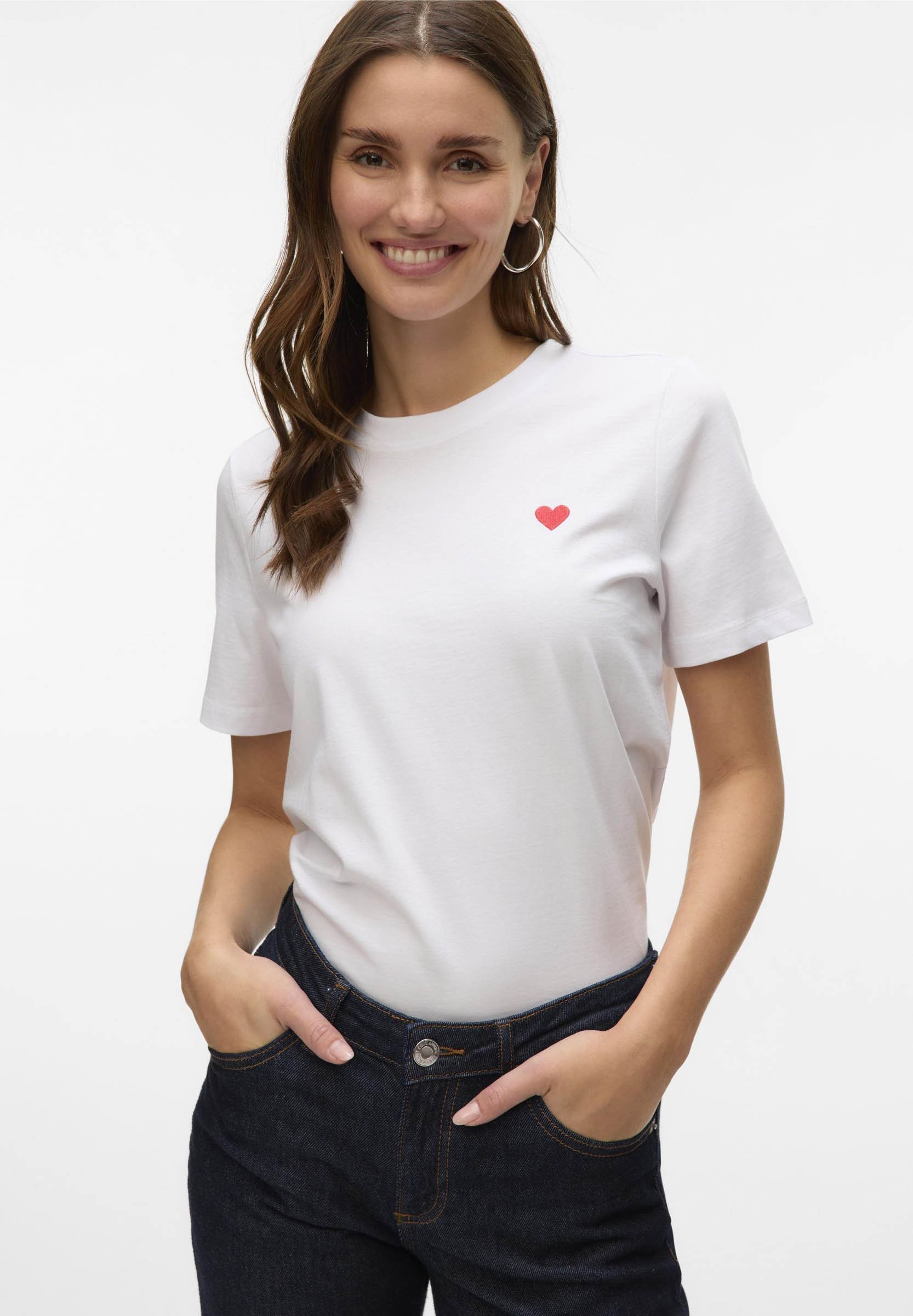 Vero Moda VMPAULINA - Basic T-Shirt - strahlend weißes Detail, rotes Herz