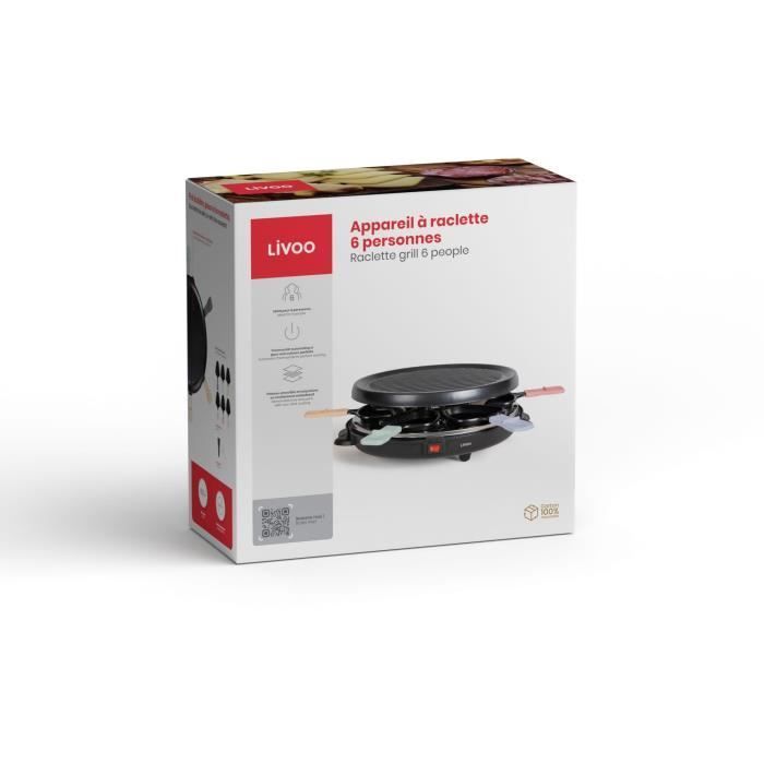 Appareil à raclette 6 personnes - LIVOO - DOC207P - 800W - 6 personnes - Porte grill amovible - 6 spatules et 6 caquelons