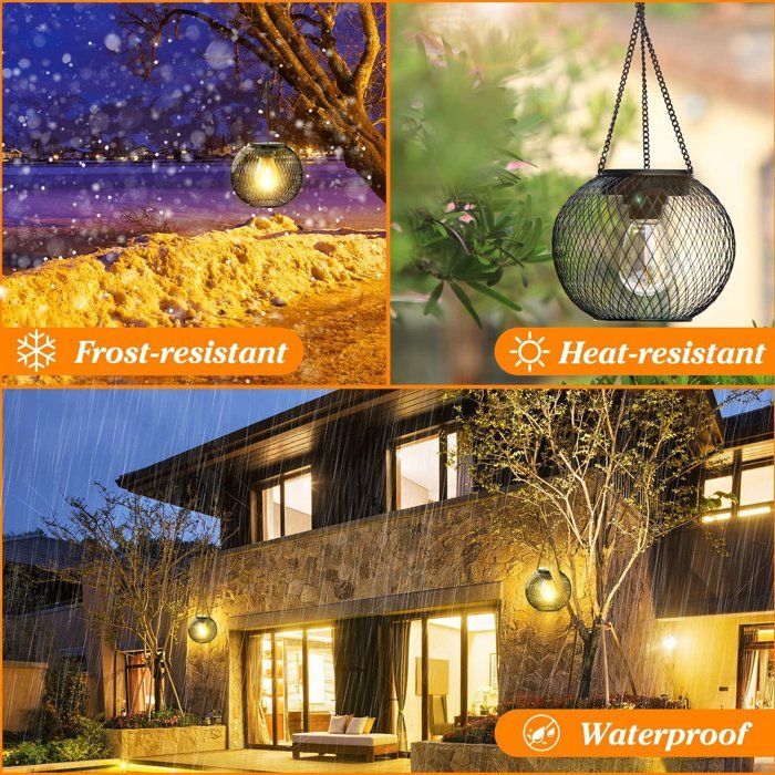 Set of 2 outdoor solar lanterns, waterproof, for hanging, for garden or tree decoration. Retro style.