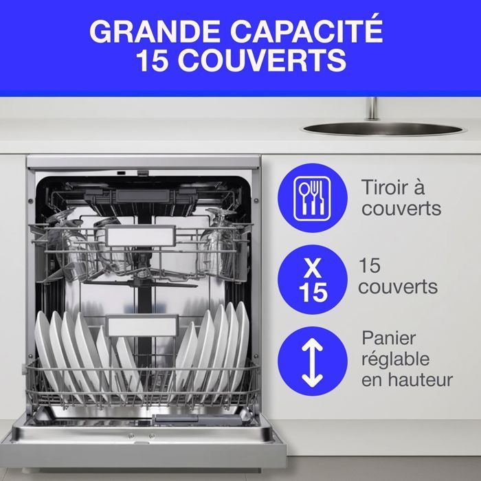 Lave-vaisselle pose libre CONTINENTAL EDISON  CELV1544IXP - 15 couverts - 42dB-Silver