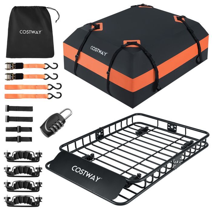 Cofre/bolsa de techo impermeable para coche COSTWAY de 425 L, 2 correas de trinquete, 4 ganchos para puerta, bolsa de almacenamiento y cerradura, 90 kg