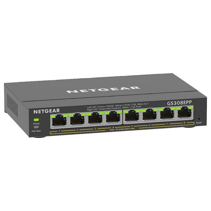 8-porters PoE Ethernet-svitsj – NETGEAR – GS308EPP – Smart administrerbar – Stillegående – 124 W