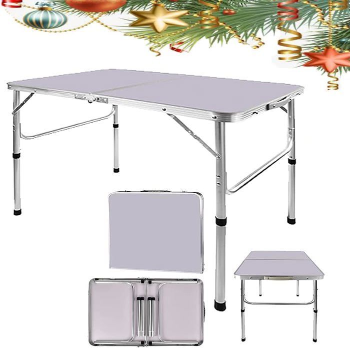 White Aluminum MDF Folding Camping Table, 90 x 60 x 37/67 cm, DAYPLUS, Adjustable Height Garden Table with Storage Box (2 Levels)