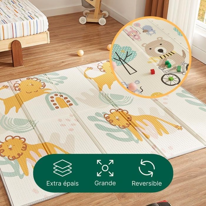 Alfombra de actividades para bebés CASABEL de 175x150cm, plegable e impermeable, con diseños de leones y osos.