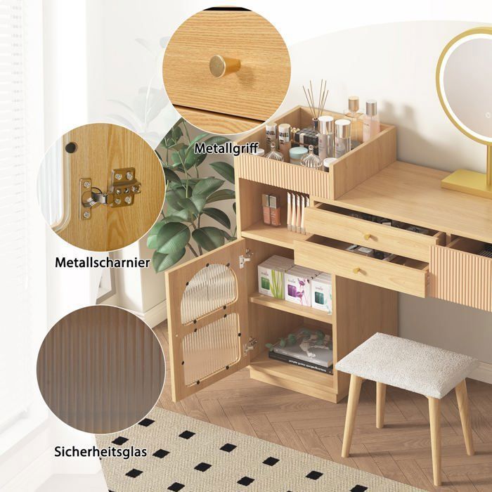 MUEBLES COSITIVOS Tocador moderno con espejo LED de 3 luces, amplio espacio de almacenamiento y vitrina lateral de cristal, 120x40x90 cm