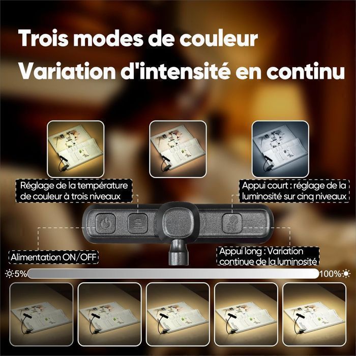 Lampe de Lecture, 24 LED Liseuse Clip Rechargeable, 3 Couleurs & 5 Luminosité, 360° Cou Flexible, Portable pour Lire au Lit, Noir