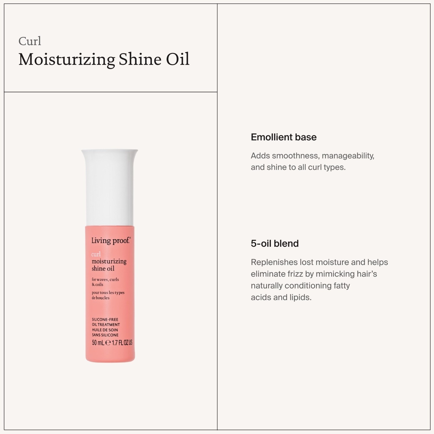 „Living Proof“ plaukų aliejus garbanotiems plaukams – drėkinamasis blizgesio suteikiantis aliejus – 50 ml
