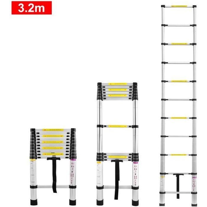 Escalera telescópica multifuncional de aluminio XMTECH - 11 peldaños - Carga máxima 150 kg - Plateada