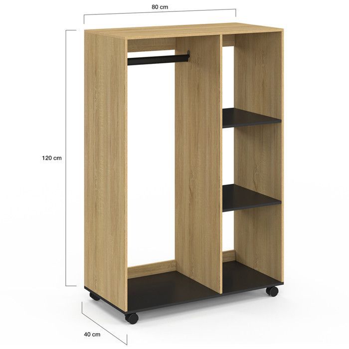 IDMARKET Dressing penderie RACHEL 80 x 40 x 120 cm à roulettes hêtre et noir