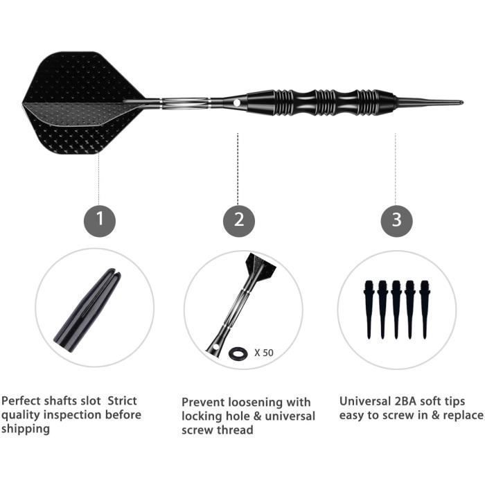 Dartpijlen met plastic punt (18/20 gram), 3 dartpijlen met 6 flights en 30/50 punten, 50 rubberen O-ringen, dartset