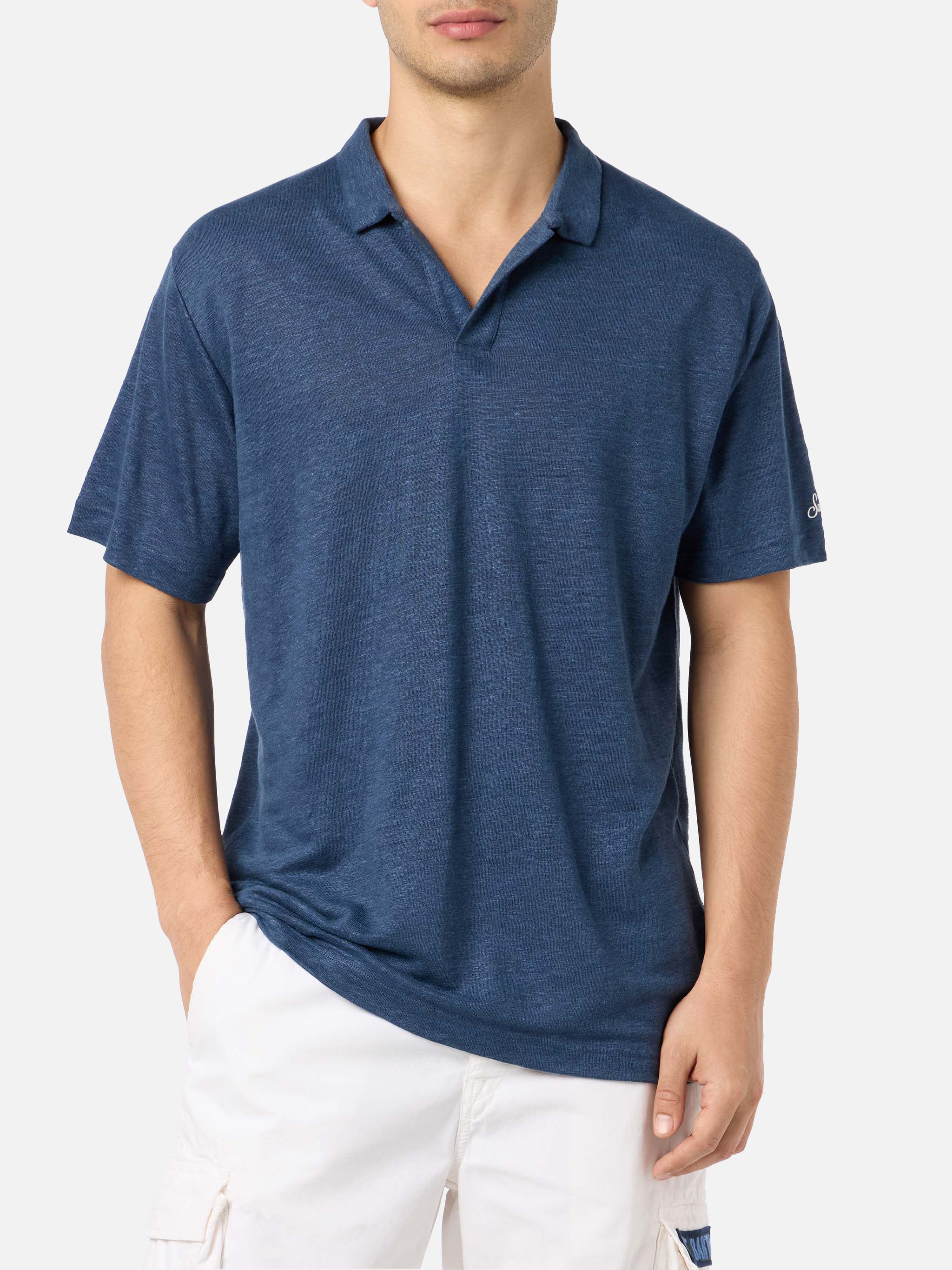 Fraser marineblauwe linnen polo zonder knoopjes