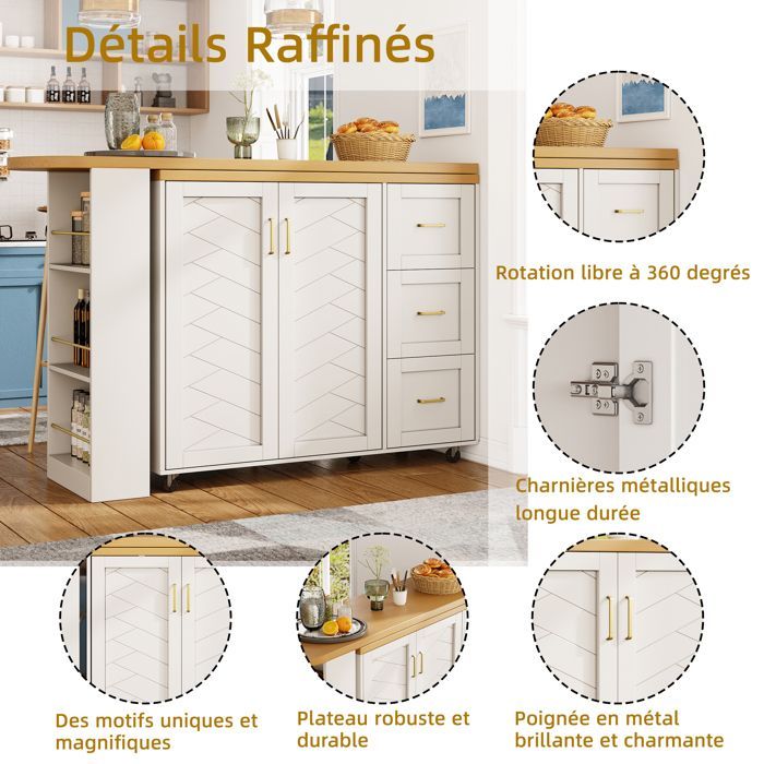 Credenza da cucina, isola cucina allungabile 135-228×39×104 cm, con 2 ante e 3 cassetti, piano con finitura in legno, su ruote, bianca
