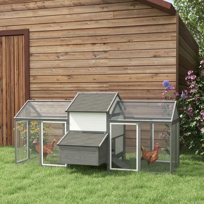 Pollaio in legno - PawHut - 2 recinti modulari, nido riparato, nido per la deposizione delle uova, vassoio per gli escrementi, posatoio, rampa - 247x118x113 cm - Grigio