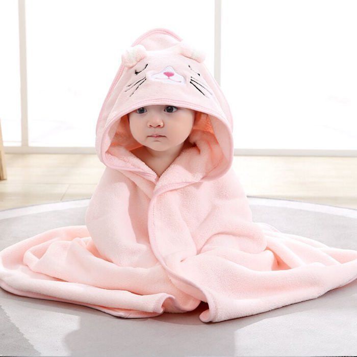 Baby Hooded Bath Cape, Cotton Baby Bath Wrap with Animal Design, Bath Towel for Newborn Baby (Kitten)