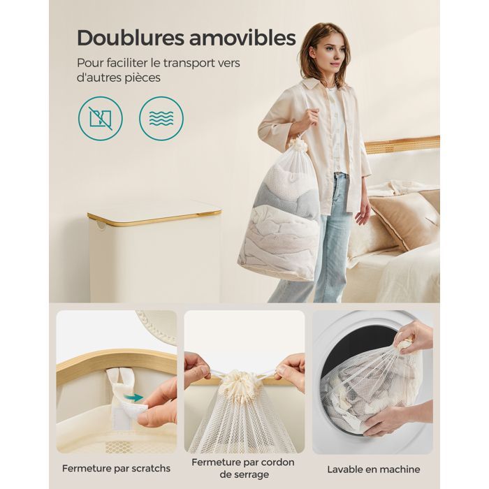 Cesto de ropa con tapa, 2 compartimentos, 130 L, bolsa extraíble, tela Oxford, plegable, 52 x 38,5 x 70,5 cm, blanco crema