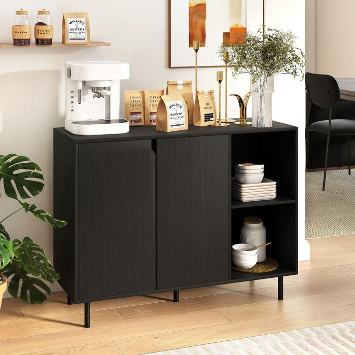 Buffet de Cuisine 106cm COSTWAY, 2 Portes, Etagères Réglables, Kit Anti-basculement, Meuble de Bar à Café pour Salle à Manger, Noir