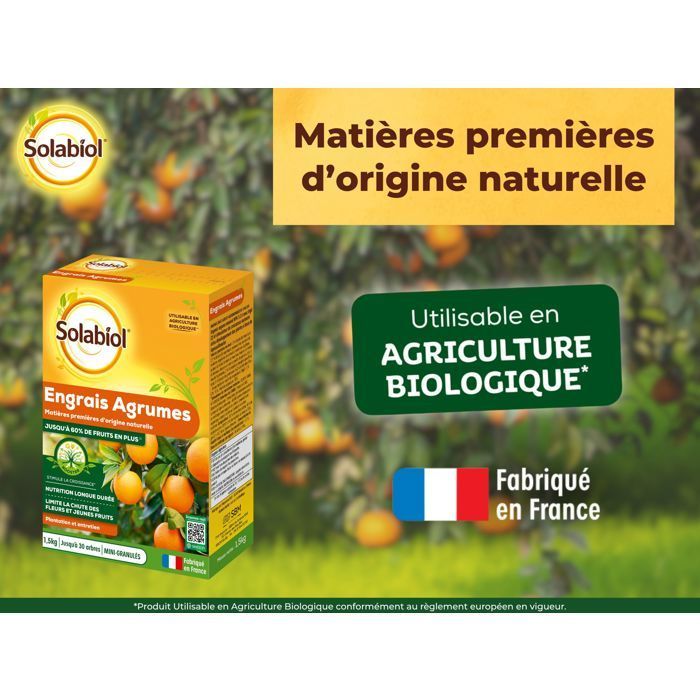 SOLABIOL Engrais agrumes - 1,5kg - Favorise la fructification - Nutrition longue durée - Jusqu'à 60% de fruits en plus - UAB
