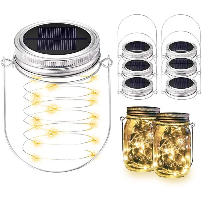 Juego de 6 tapas solares de vidrio para macetas, con 20 LED cada una y ganchos para decoración exterior (macetas no incluidas).