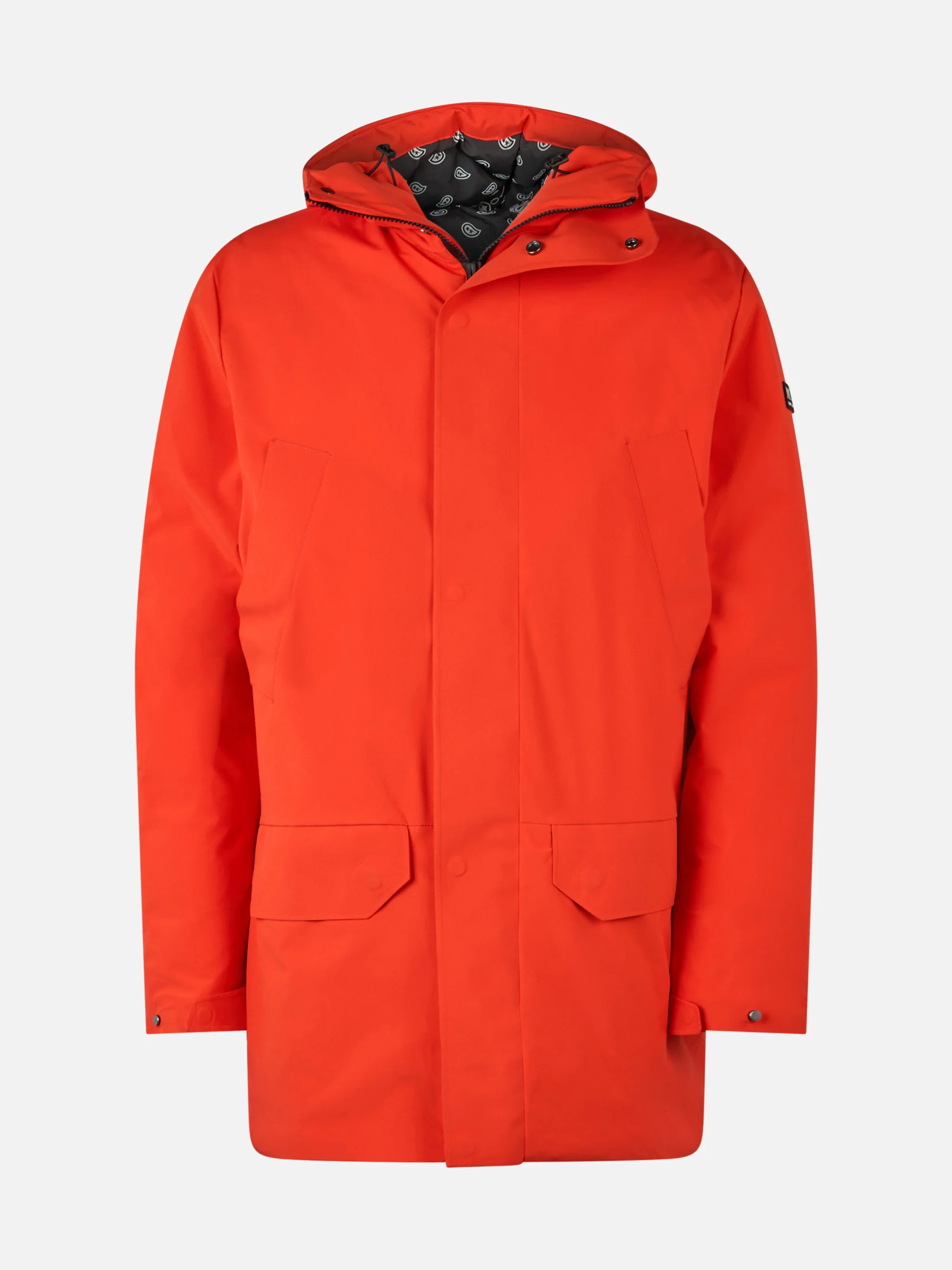 Parka naranja con capucha para hombre y forro de bandana.