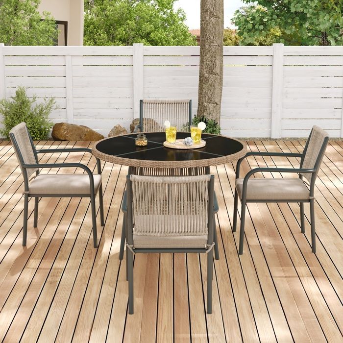 Conjunto de jardín moderno de ratán – Mesa redonda de cristal + 4 sillones, estructura de hierro, para patio o balcón – GRIS