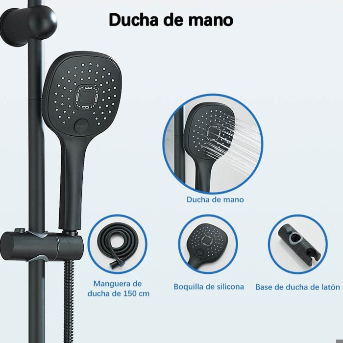 Conjunto de chuveiro de coluna preto com chuveiro em ABS.