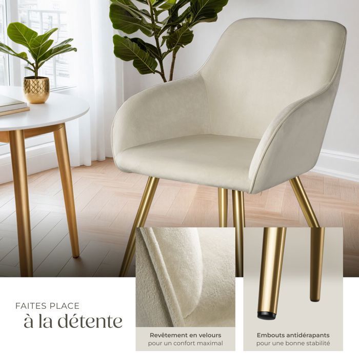 Chaise - TECTAKE - Fauteuil de salle à manger MARYLIN en velours avec pieds en acier doré - Crème/Doré