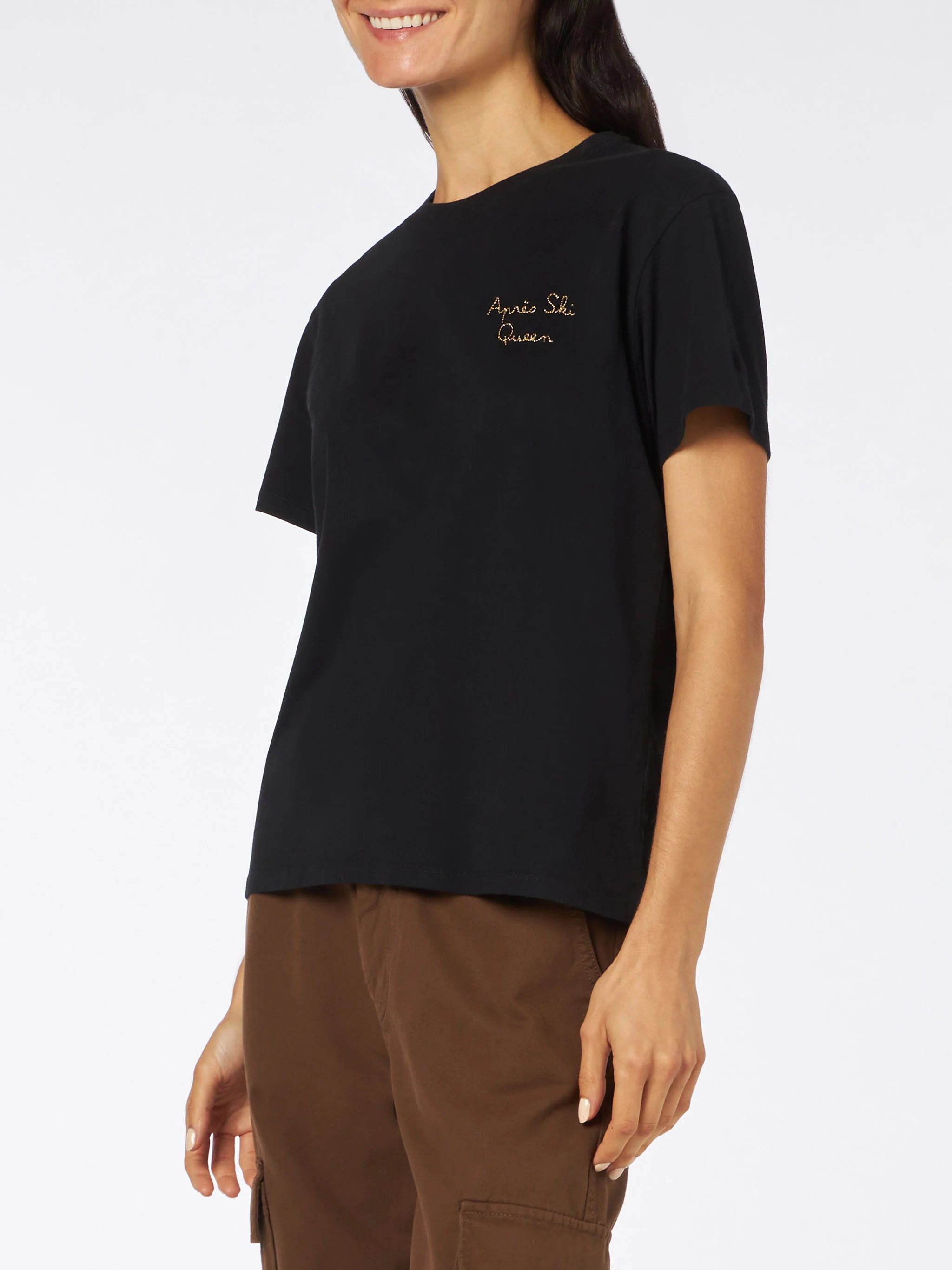 Aprés-Ski-Queen-T-Shirt aus bestickter, schwerer Baumwolle für Damen