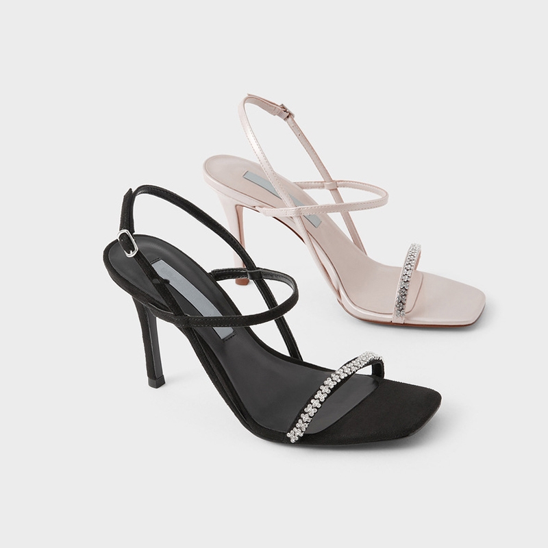Nouveauté printemps pour femmes : sandales sexy à talons hauts carrés ornées de strass