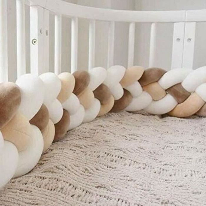 2M Cot Bumper Snake Pillow Braided Cushion Velvet Bumper Baby Protection, White+White+Khaki+Brown