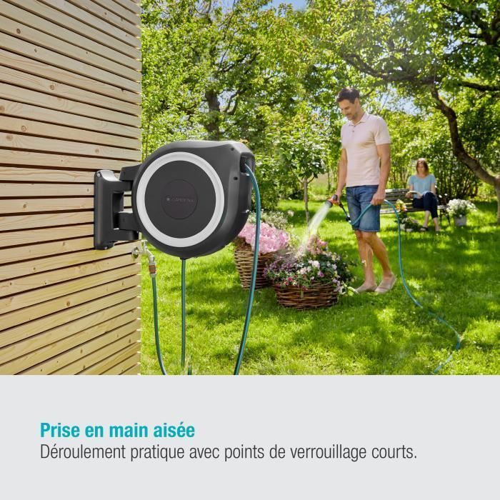 GARDENA RollUp® M/L wall-mounted automatic hose reel with white trim – Length 25m – Ø13mm – Complete kit – 5-year warranty (18622-20)