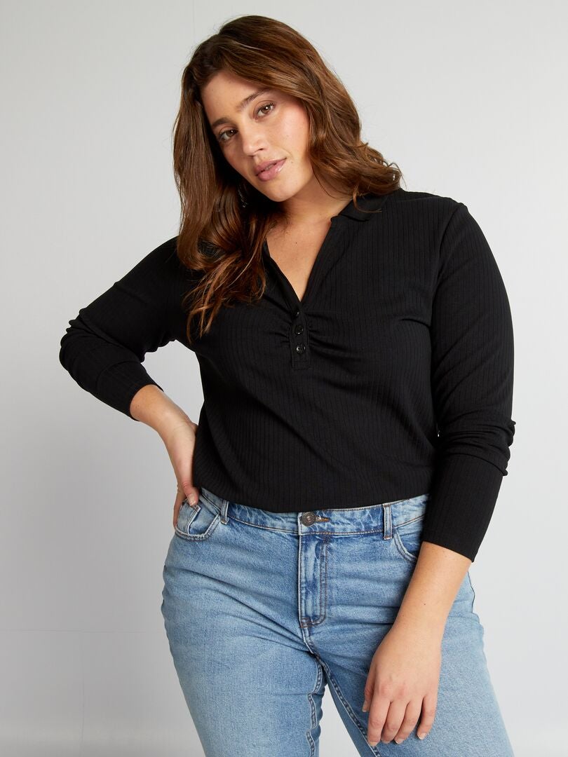 T-shirt met lange mouwen en colkraag - zwart