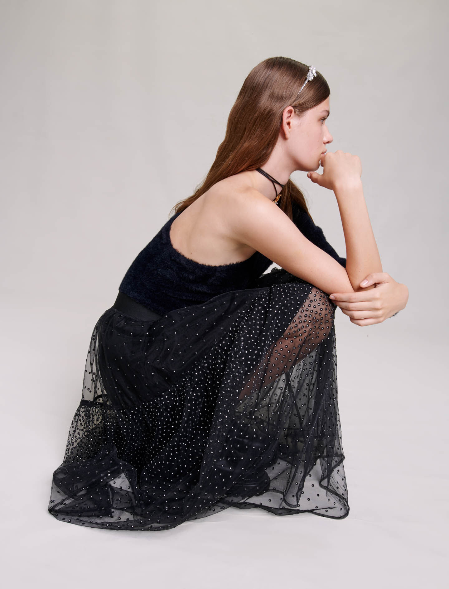 Lange tule rok met stippen - Zwart