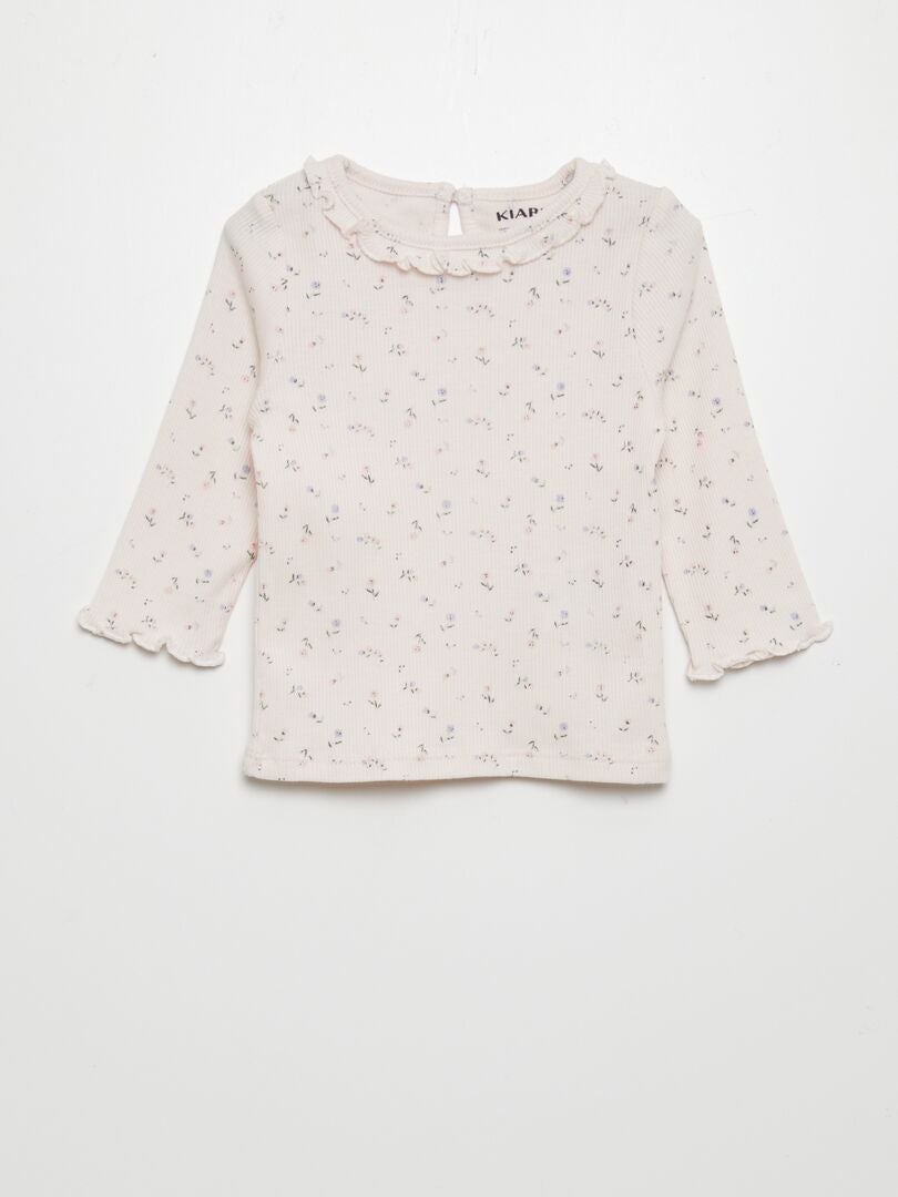 Camiseta de punto acanalado con cuello de volantes - ROSA