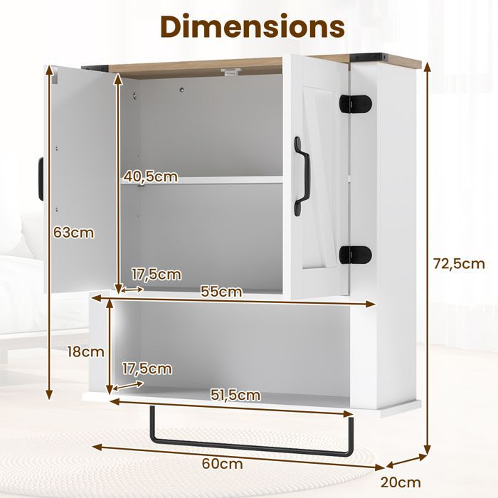 Armario de baño de pared COSTWAY - 2 puertas, compartimento abierto, estante ajustable, toallero para lavadero, cocina