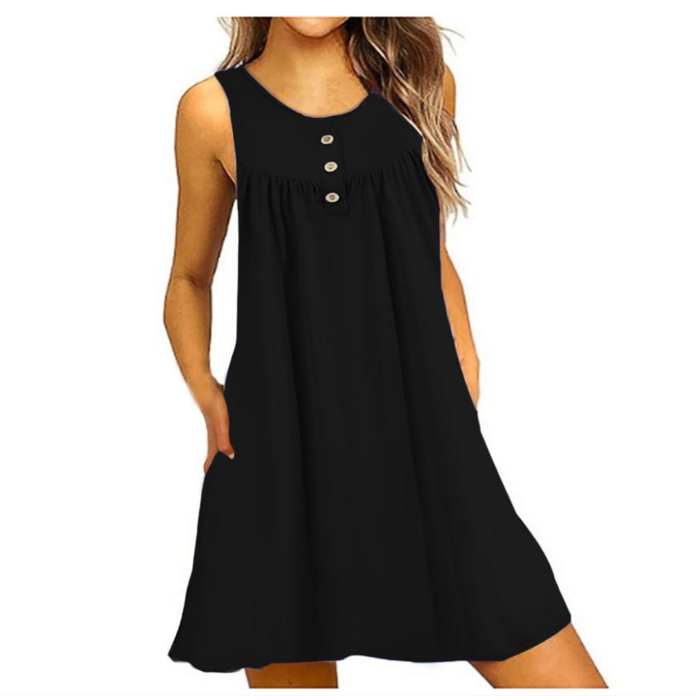 Robe d'été en coton pour femme, sans manches, robe de plage noire, robe décontractée à poches, robe grande taille, vêtements tendance