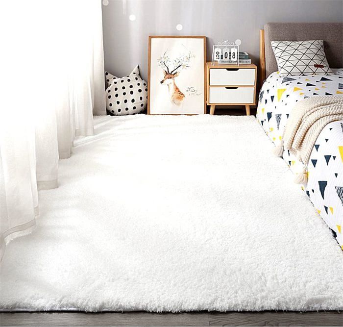 Tapis Salon Shaggy 120 x 160 cm Descente de lit Tapis Poils Longs Blanc Beige Tapis Doux pour Salon Chambre Canapé