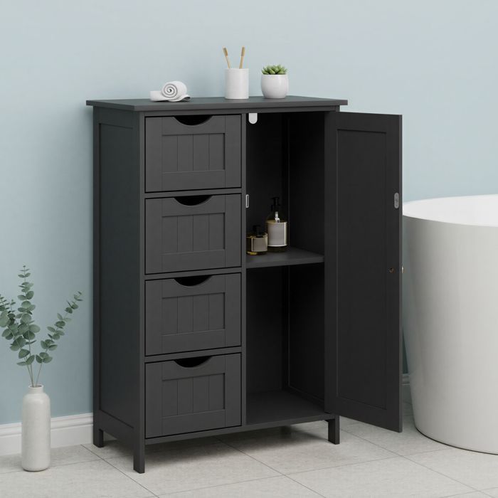 Bathroom Storage Cabinet, Space Saving, Chest of Drawers, with 4 Drawers, Cabinet with Door, Adjustable Shelf, 30 x 55 x 82 cm, Black