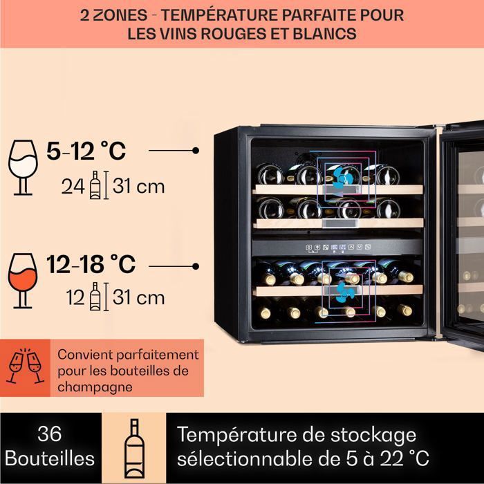 Wine cooler - Klarstein Vinsider 36 Onyx Edition - 2 temperature zones - 5-22 °C - 85 L - stainless steel - 36 bottles - Silver